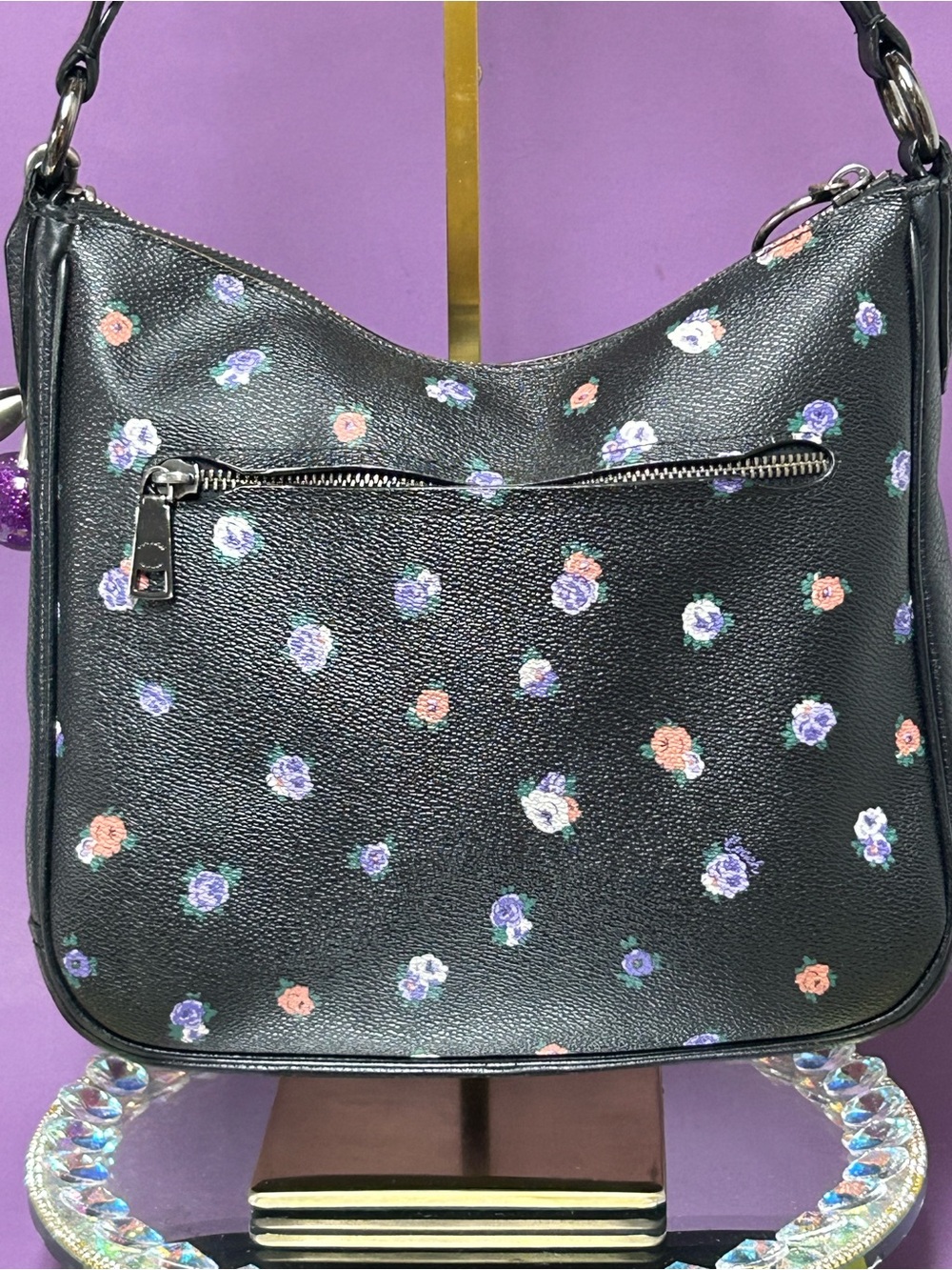Coach Black Pebbled Leather Shoulder Bag w/Floral Print Approx. 12 x 9.5 x 3 - Picture 3 of 17